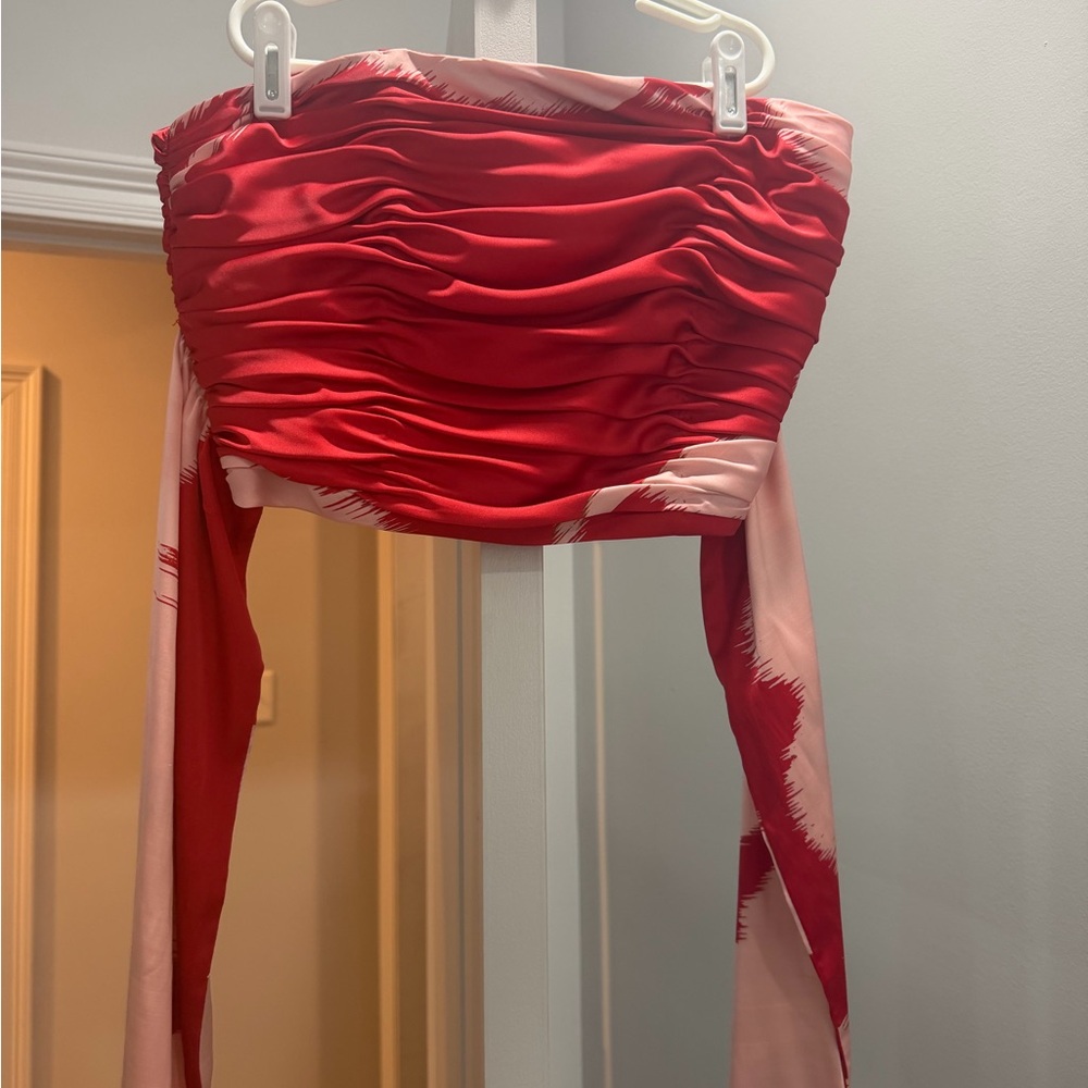 Amanda Uprichard Red and Light Pink Ruched Strapless Crop Top